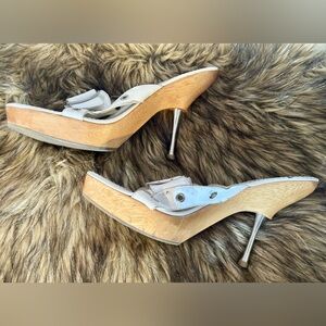 Vintage Bebe Wooden Platform Heels Size 10 – White Leather Stiletto Sandals